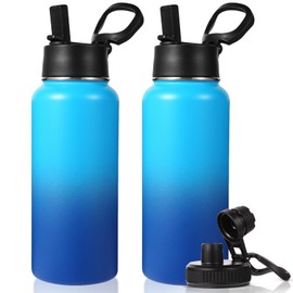 Neihepal 32 oz Insulated Water Bottles with 2 Lids (Straw & Spout Lid), 18/8 Stainless Steel Double Wall Water Bottle for Gym, Travel, Camping, Sports (Green Blue,2 Pack)