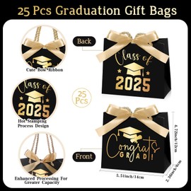 Kolldenn 25 Pcs Graduation Gift Bags Gold Foil Congrats Grad Small Gift Bags with Ribbon Bow Goodie Bag Graduation Season Party Supplies Decoration Congratulations Gift Bag for Graduation Party Favors