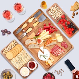 Large Acacia Wood Cheese Board and Knife Set 26.7'' x 11.5'' Wooden Charcuterie Board Meat and Cheese Tray Platter House Warming Gifts New Home Wedding Christmas Gift Food Serving Board Gift Set