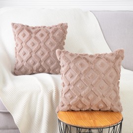 Madizz Set of 2 Soft Plush Short Wool Velvet Decorative Cushion Covers Luxury Style Throw Pillow Cases Pillow Shell for Sofa Bedroom Square Light Brown 20x20 inch, 50x50 cm