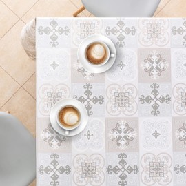 Lisbon Tiles Moroccan Pattern Vinyl Tablecloth Rectangular 200 x 140 cm | 198 x 139.7 cm to 6 Seats - Wipe Clean Tablecloth Waterproof Plastic PVC - Mosaic Wax in Grey with Beige