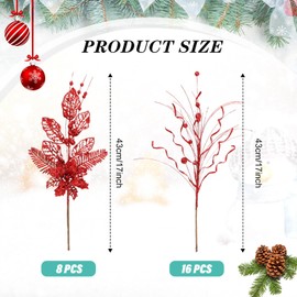 Yunlly 24 Pcs 17 Inch Glitter Tree Filler Christmas Tree Picks Decorations Glitter Berries Stems Artificial Christmas Valentine Picks Ornament Glittery Twigs for Wedding(Red)