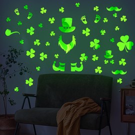 St Patricks Day Luminous Wall Decals Glow in The Dark Decals Green Shamrocks Wall Stickers Lucky Clover Wall Decals Decorations for Home Wall Door Windows Irish Holiday Party Supplies