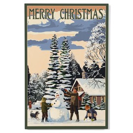 Lantern Press 12x18 Inch Premium Wood Sign, Ready to Hang Wall Decor, Merry Christmas, Snowman Scene