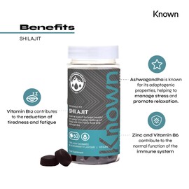 Known - 1600 mg Himalayan Shilajit Gummies with Ashwagandha - 60 x Two-A-Day Blackcurrant Flavour - 50% Fulvic Acid - Energy, Stress Relief & Immune Support - Adaptogenic - Vegan/Halal
