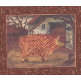 Mosaic Farm Animals Pictures on Red Wall Farmhouse Wallpaper Border Retro Design, Roll 15' x 6.5''