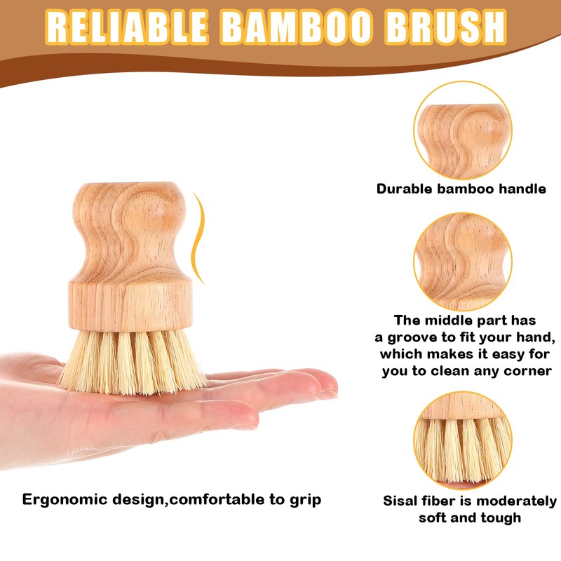 Nuenen 6 Packs Bamboo Dish Scrub Brushes Wooden Scrubbers Set