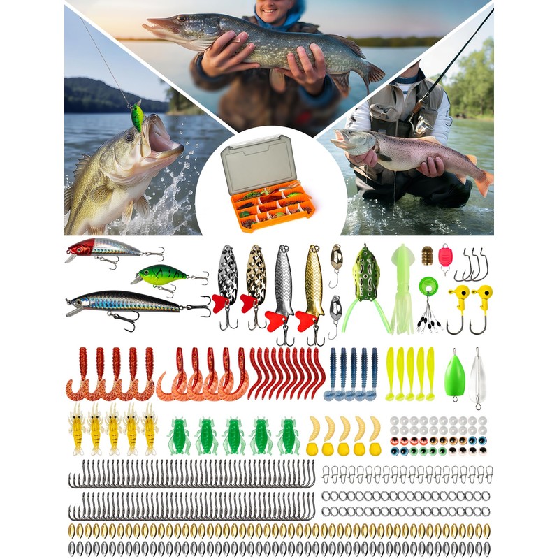 pullther 380 Pcs Fishing Lure Mixed Set, Including Spinner, Casting