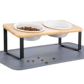 Elevated Whisker Friendly Cat Bowls, 15 Tilted Stand Anti Vomiting Raised Dishes for Food and Water, Ceramic Bowls for Cats and Puppy,Bamboo