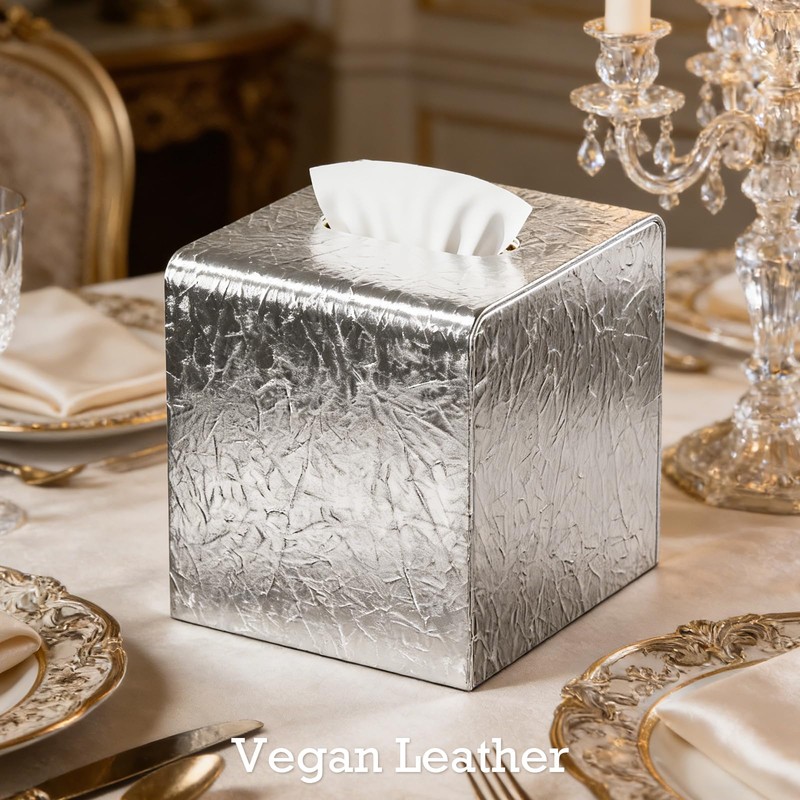Silver Tissue Box Cover,Square Leather Tissue Box Cover with Magnetic