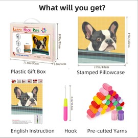 DIY Latch Hook Pillow Kits for Adults Cute Boston Terrier Dog in Car Printed Pillowcase Crochet Yarns Hooking Handmade Pillow Cover Cushion for Home Sofa Decoration 17x17inch(3)