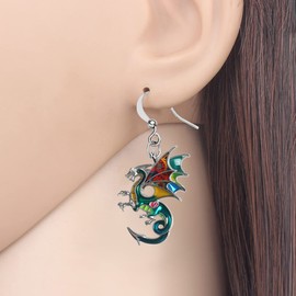 LONYOO Enamel Fantasy Dragon Earrings Zinc Alloy Dangle Drop Dinosaur Jewelry Gifts for Women Girls Charms (Green)