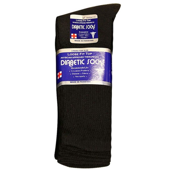 Physicians Approved Diabetic Socks Crew Unisex 3, 6 or 12-Pack (10-13, 3 Pairs Black)