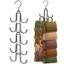 Purse Organizer for Closet, Upgraded Purse Hanger with 10 Big Hooks, 360 Degree Rotation for Better Organizer and Display, Collapsible Space Saving Hangers Rack for Handbag, Scarve, Tie, Black