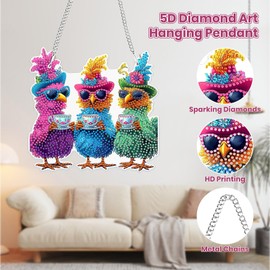 MOGTAA 5D Chicken Diamond Painting Pendant, Flower Diamond Painting with Chain, Children Adults, Diamond Painting Window Pictures, Hanging Ornament Craft Set for Wall and Entrance Decor