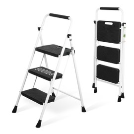 3 Step Ladder, Portable Steel Folding Step Stool with Wide Anti-Slip Pedal & Convenient Handgrip, 500lbs Sturdy Steel Ladder, White