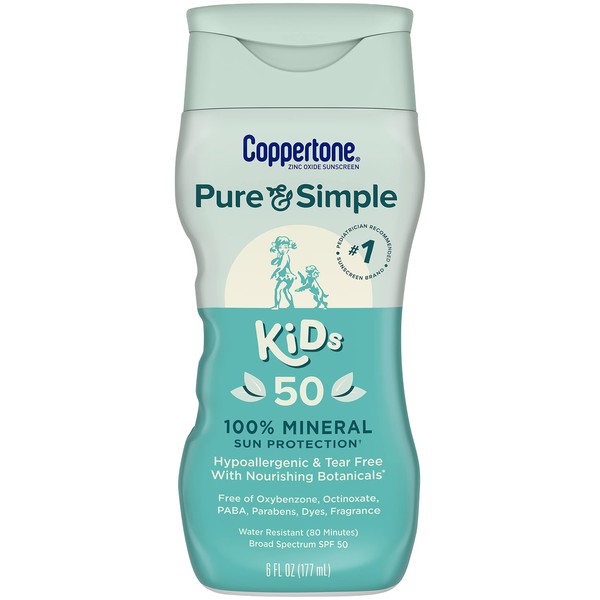 Coppertone Pure and Simple Kids Sunscreen Lotion, Zinc Oxide Mineral Sunscreen for Kids, Tear Free, Broad Spectrum SPF 50 Sunscreen, 6 Fl Oz Bottle