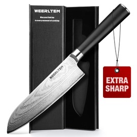 WEERLTEM Japanese Damascus Santoku Chef Knife 7''（Mirror finish blade）, 67-Layer VG10 Damascus steel & Black G10 Handle for Cooking Kitchen (Gift Box)