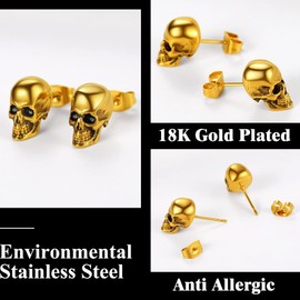 Skull Stud Earrings 18k Gold Small Earrings Man Gothic Rock Biker Jewellery for Boys, Stainless Steel