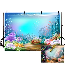 MEHOFOND 7x5ft Under The Sea Blue Purple Photography Backdrop Ocean Mermaid Theme Birthday Party Decoration Bubbles Starfish Shell Ocean Theme Baby Shower Photo Studio Booth Background Banner