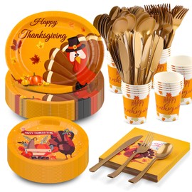 210Pcs Thanksgiving Paper Plates Set -(30 Guests) with 10 * 12inch Oval Plates and 9inch Paper Plates,Napkins, Cups, Forks, Knives, Spoons for Thanksgiving Fall Party Supplies
