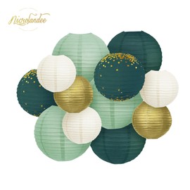 NICROLANDEE Wedding Party Decorations - Pack of 12 Green Gold Hanging Paper Lanterns for Rustic Style Spring Decor Bridal Shower Baby Shower Birthday Eucalyptus Neutral Party Decor