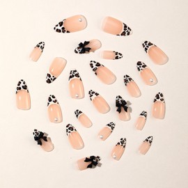 RIICFDD Fall Press on Nails Almond Shape Fake Nails Long Length Acrylic Nails with Leopard Print Pattern Designs Stick on Nails Bow Nail Charms Full Cover Autumn Winter Glue on Nails for Women 24 Pcs
