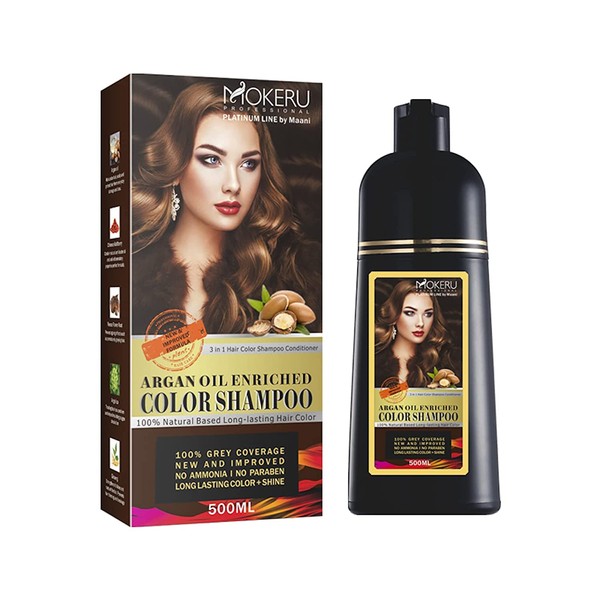 MOKERU Professional Argan Oil Hair Dye Color Shampoo 500 ML I New & Improved Formula Ammonia Free Paraben Free I Instant Fast Acting Long Lasting Signature Platinum Line by Maani (Black)