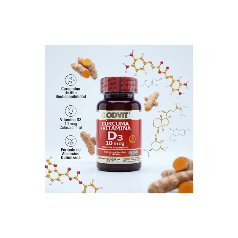 Cúrcuma Vitamina D3 Suplemento Godvit 30 Cápsulas 500mg
