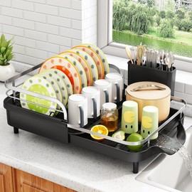 SAYZH Dish Drying Rack - Expandable Dish Rack for Kitchen Counter, Rust-Resistant Dish Drainer with Utensil Holder and Raised Guardrail, Kitchen Organizer for Cup and Bottle (Black)