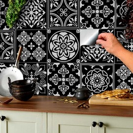 24 Black Tile Stickers Victorian Moroccan Mosaic Style Tile Stickers Transfers Cover for 6x6 15 x 15cm Tile Kitchen Bathroom Stick On Wall Peel and Stick Tile Decals