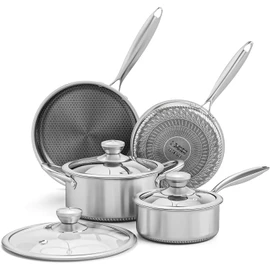 AuFranc® Hybrid Nonstick Stainless Steel Pots and Pans Set, Induction Cookware Set with Tempered Glass Lids, Non-stick Pot and Pan Set Suitable for All Cooktops, Non-Toxic, Dishwasher & Oven Safe
