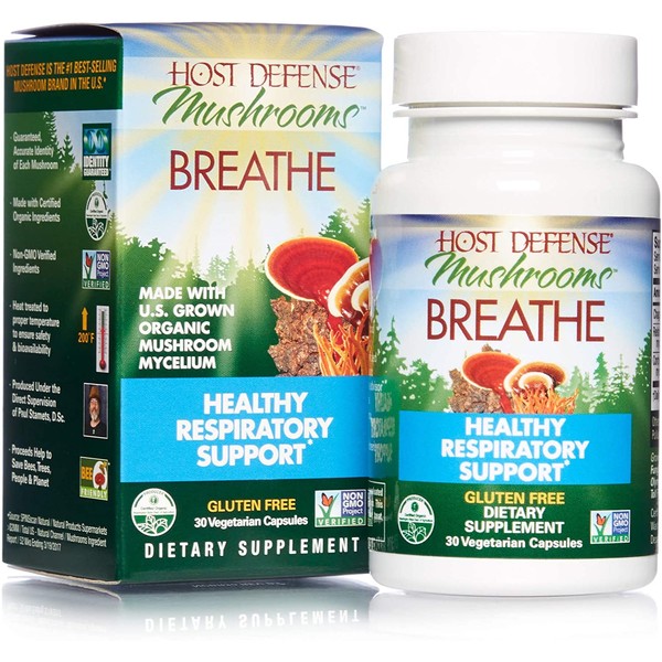 Host Defense, Breathe, 30 Capsules, Respiratory Support, Mushroom Supplement with Cordyceps, Reishi and Chaga, Vegan, Organic, 15 Servings