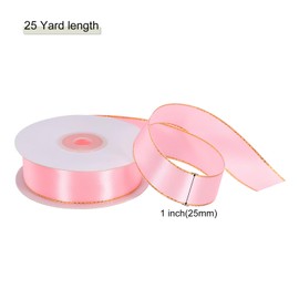 MECCANIXITY 1 Inch 25 Yard Wide Satin Ribbon with Gold Edges Border Grosgrain Fabric Ribbon for Gift Wrapping Wedding Bouquet, Pink