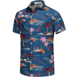 KYKU Fun Button Up Shirts for Men Hawaiian Palm Tree Shirt Beach Dark Blue, 2XL