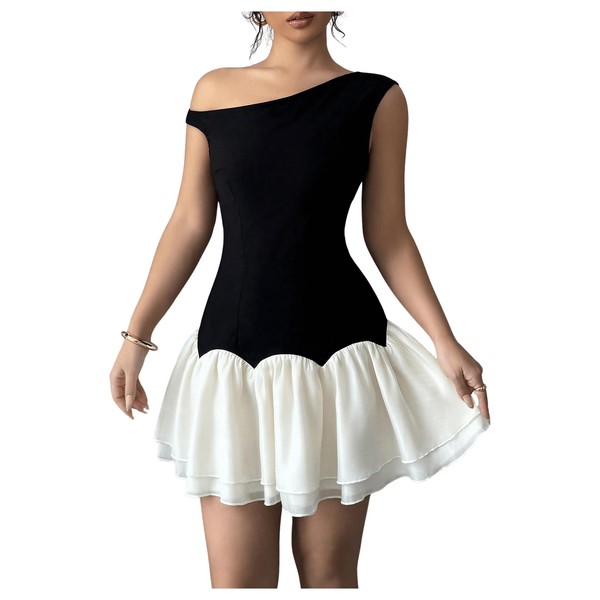 Verdusa Women's Color Block Ruffle Off Shoulder Dress Drop Waist