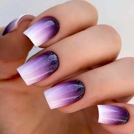 RUOKEXIN Medium Square Press on Nails Purple Ombre Fake Nails Glitter False Nails with Designs Medium Nail Press ons Sparkly Artificial Nails Cute Stick on Nails for Women 24Pcs