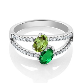 Gem Stone King 925 Sterling Silver Green Peridot and Green Simulated Emerald 2 Stone Women Ring (1.31 Cttw, Available in size 5, 6, 7, 8, 9)