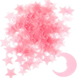 100 Stars & 1 Moon Glow in The Dark Stars for Ceiling, Pink Glowing Wall Stickers with Adhesive Pads, Plastic Luminous Fluorescent 3D Glowing Star for Boys and Girls Room Decor