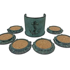 Nautical Tropical Set of 6 Porthole Drink Coasters with Heavy Duty Anchor Designed Holder