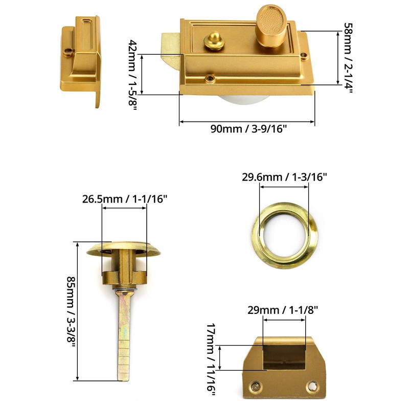 QWORK Night Latch Deadbolt Rim Lock with Key Gold Finish