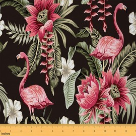 Flamingo Upholstery Fabric for Chairs, Tropical Floral Palm Leaf Outdoor Fabric by The Yard, Hawaiian Tropical Island Decorative Fabric for Upholstery and Home DIY Projects, 1 Yard, Pink Green