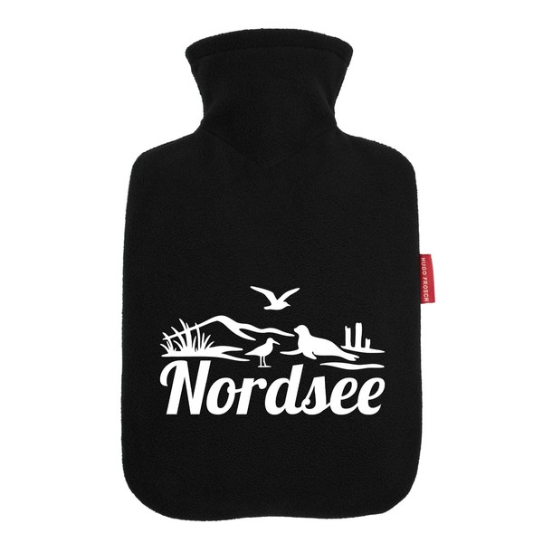 Huuraa Wärmflasche Nordsee Strandmotiv Geschenk 1,8 Liter Black Classic Veloursbezug