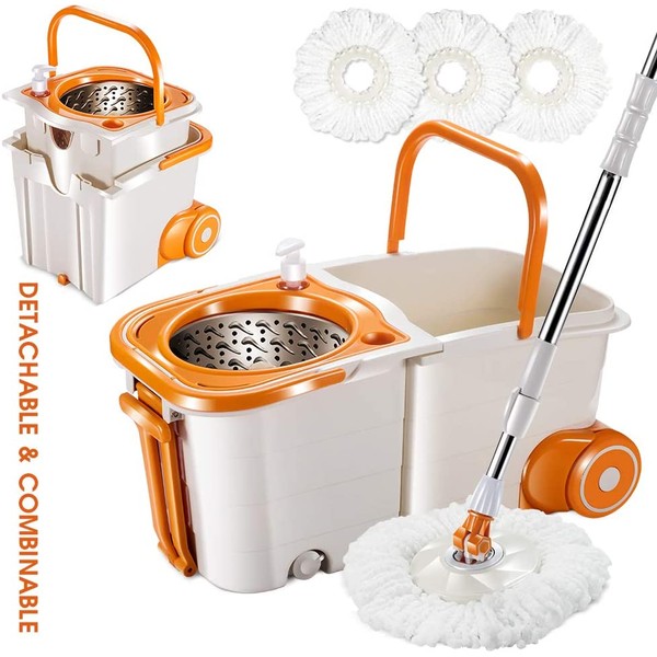 360 Spin Mop and Bucket ,with Wringer Set for Floor Cleaning Mops and Bucket System with Wheels and 3 Mop Pads Replacements Mop Bucket Kit with Retractable Handle
