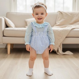 Youweixiong Newborn Baby Girl Clothes Ruffle Long Sleeve Swiss Dot Top Plaid Suspender Bloomers Linen Overall Short Set Cute Fall Outfits (Blue, 12-18 Months)
