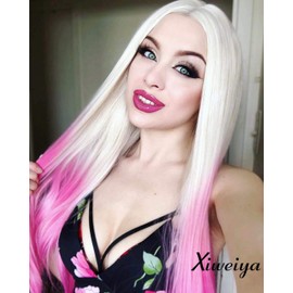 Xiweiya Long Ombre Blonde to Pink Silky straight wig Synthetic Lace Front Wigs With Heat Resistant Fiber Pink color soft wig for women, drag queen silky straight hair replacement wig 24 inch