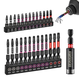 Geinxurn 26pcs 1” 2” Impact #1#2#3 Square Screwdriver Bits Set,(SQ1/SQ2/SQ3) Magnetic S2 Steel Driver Bits Set and 1pc Impact Bit Holder with Color Coded Base