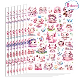 Axolotl Temporary Tattoos Stickers for Kids - 8 Sheets 300+ Axolotls Birthday Decorations Favors Pink Cute Axolotl Reptile Animals Tattoo Stickers for Girls Boys School Gifts Rewards Supplies