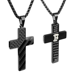 REGIS Cross Necklace for Men ， Premium American Flag Stainless Steel with 24-Inch Lord's Prayer Pendant(F, black)