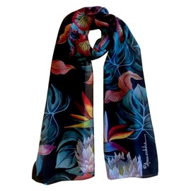 Anuschka Chiffon Scarf - With Original Printed Artwork - Island Escape Black - 24" x 72"